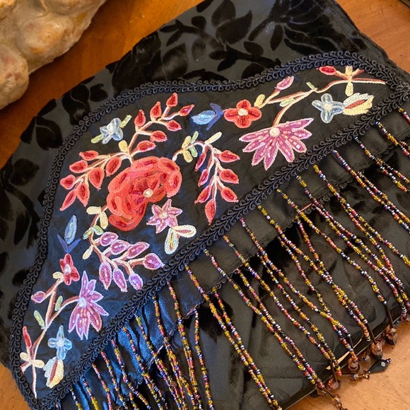 Accessories - BOHO black Shawl/scarf vintage crewel embroidered/beaded - table runner 72”x13”